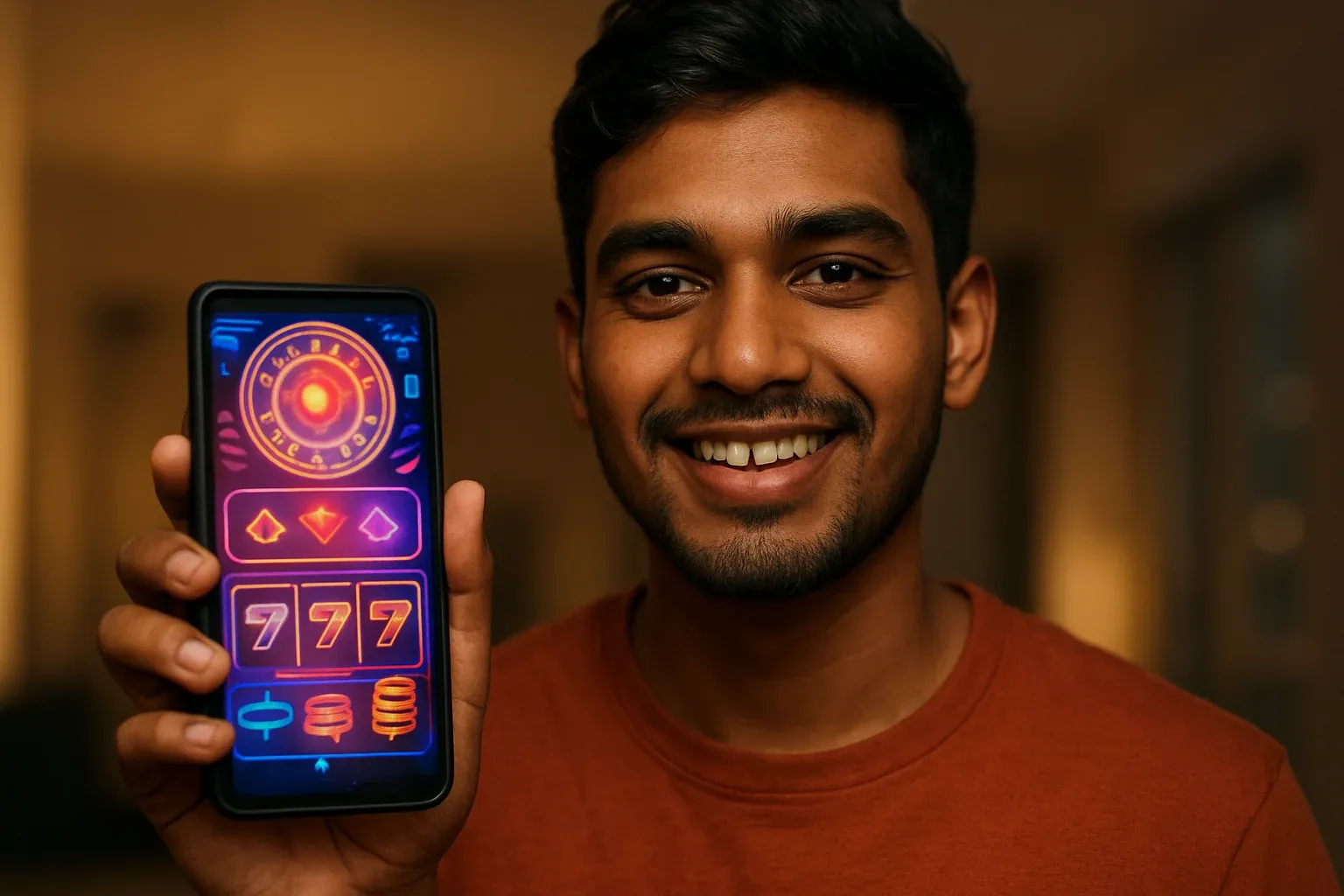 Young Bangladeshi man holding smartphone showing colorful casino app interface