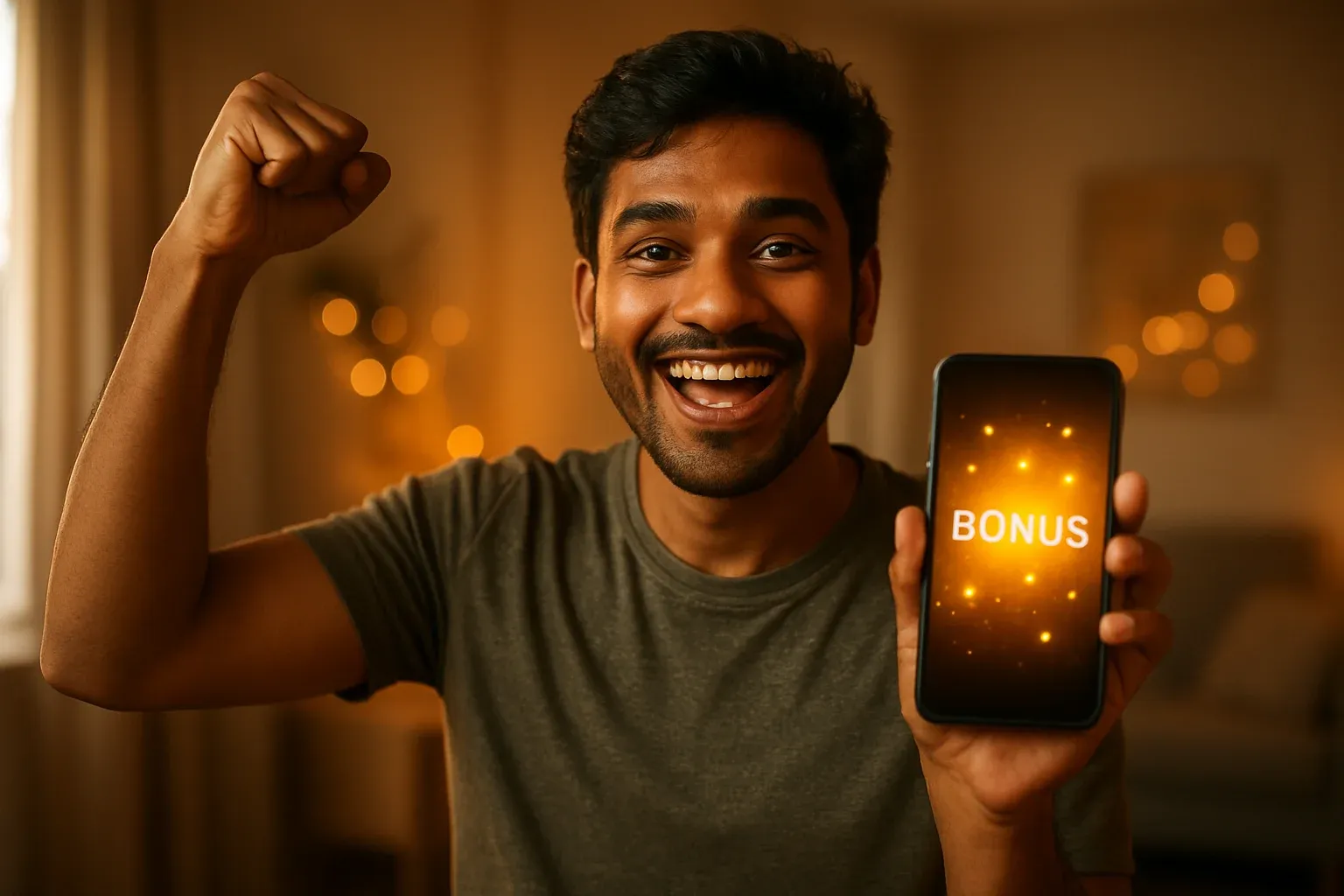 Joyful Bangladeshi man celebrating, holding smartphone with glowing golden bonus notification
