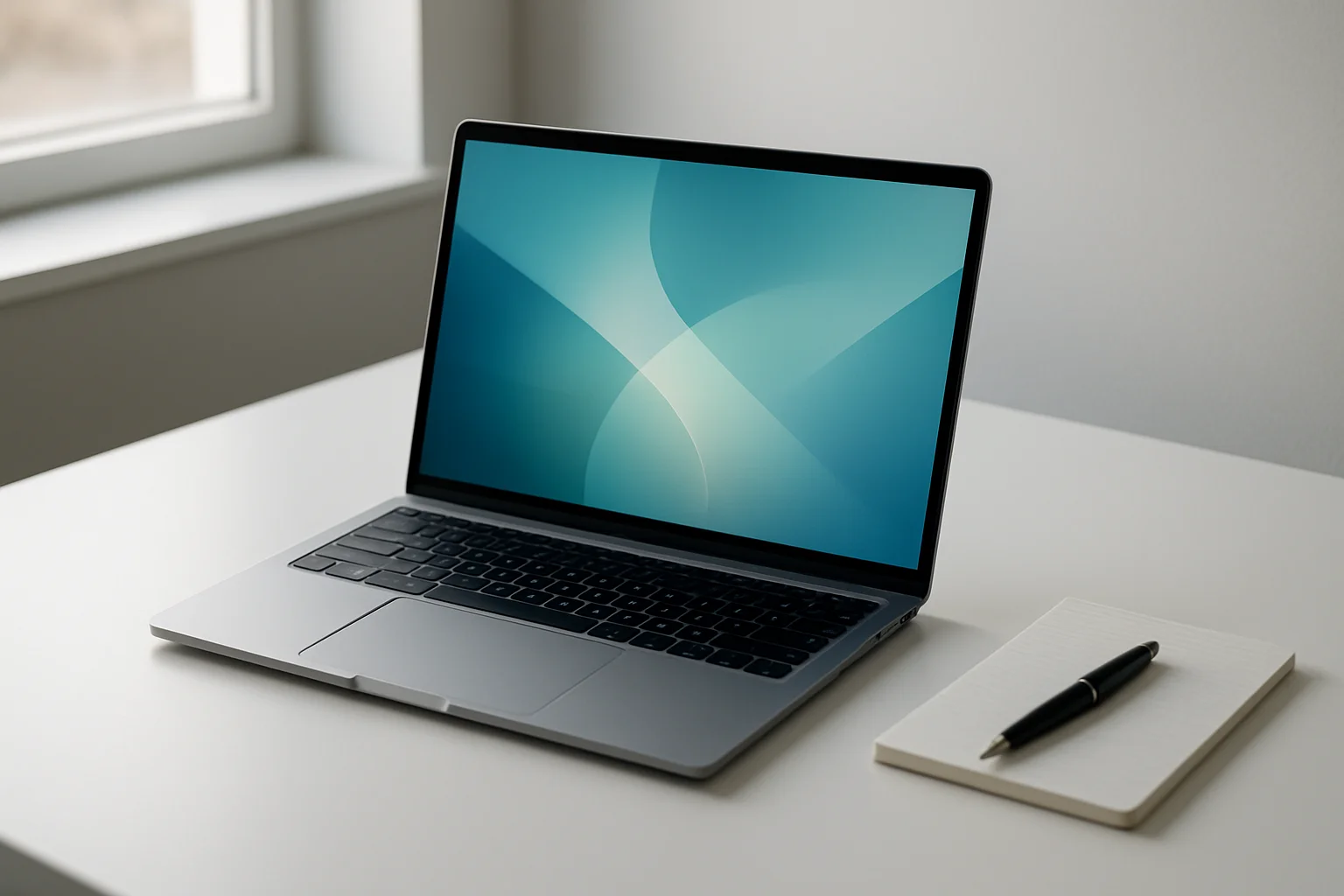 Modern laptop on white desk with abstract glowing screen in daylight
