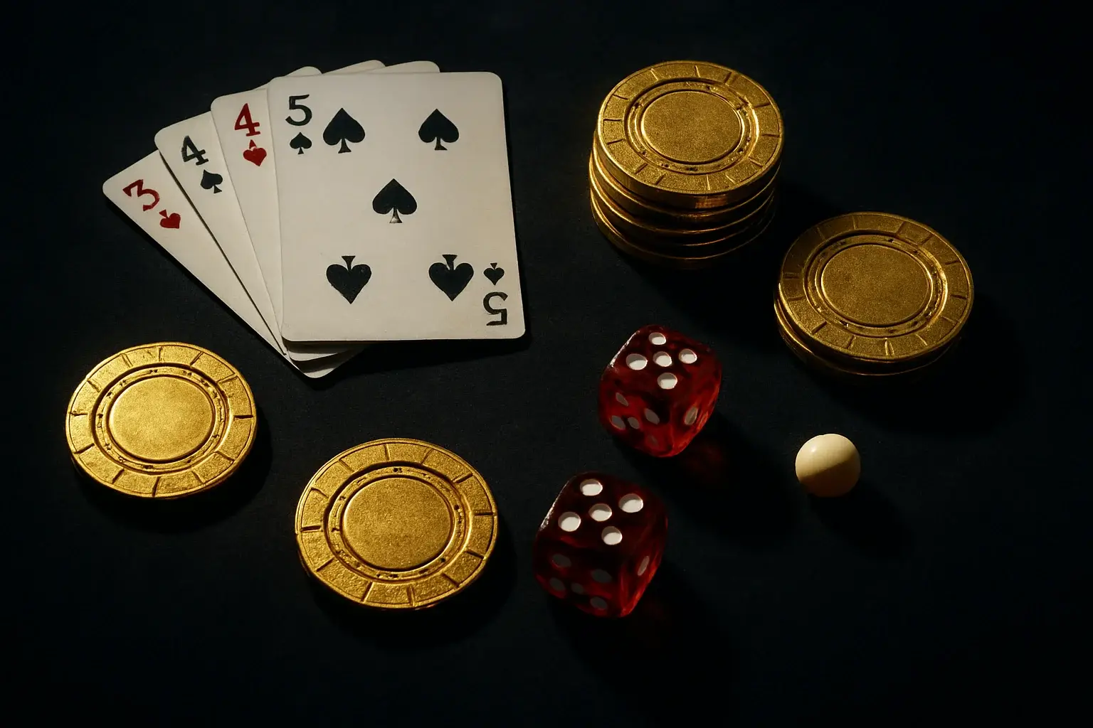 Top-down velvet casino flat lay with gold chips, cards, dice, roulette ball