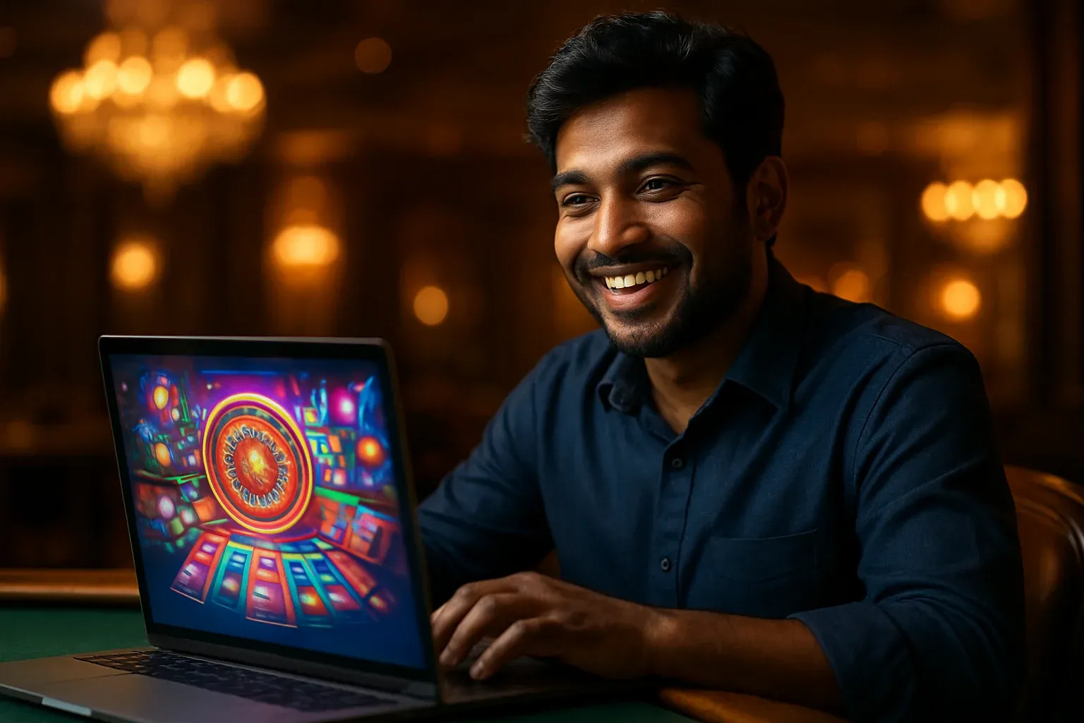 Cheerful Bangladeshi man smiling at open laptop with glowing casino interface