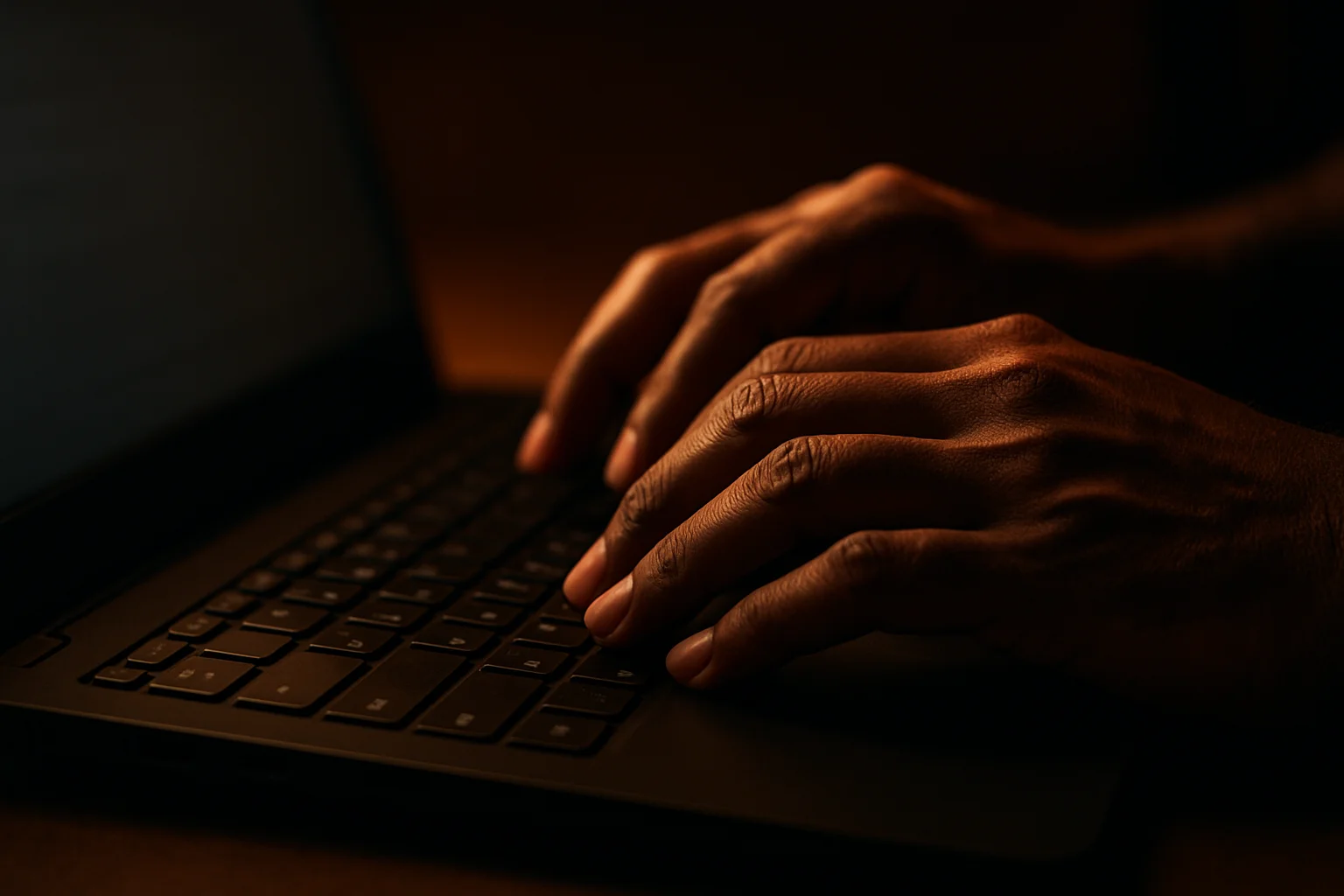 Close-up of Bangladeshi hands typing on laptop keyboard in dark light