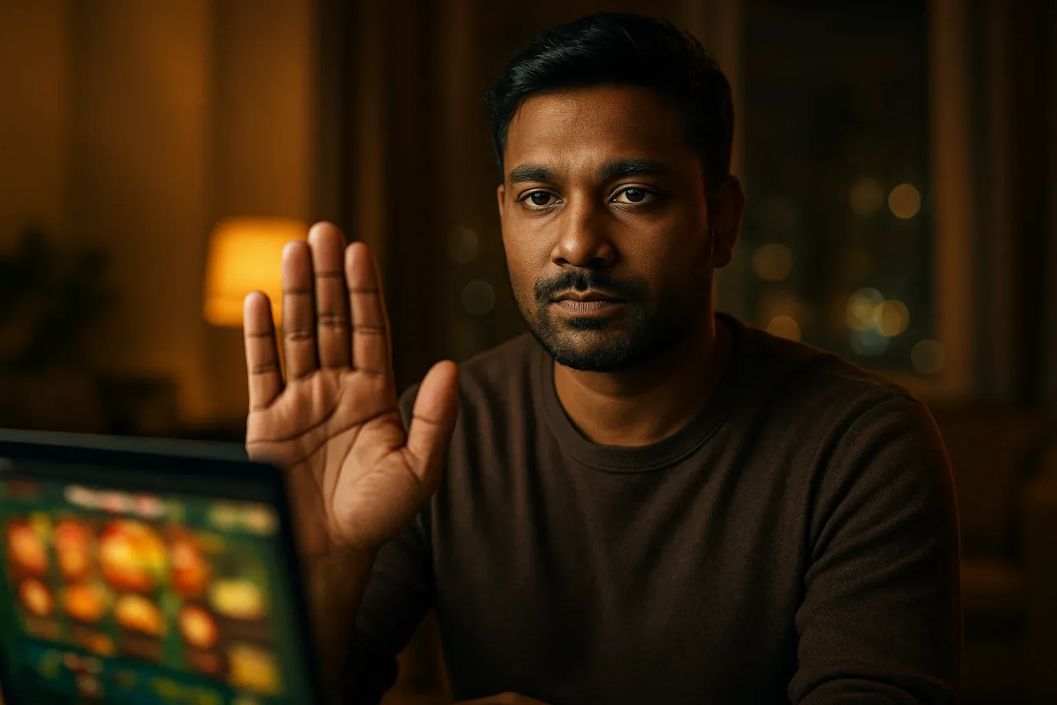 Confident Bangladeshi man shows stop gesture by laptop with blurred casino