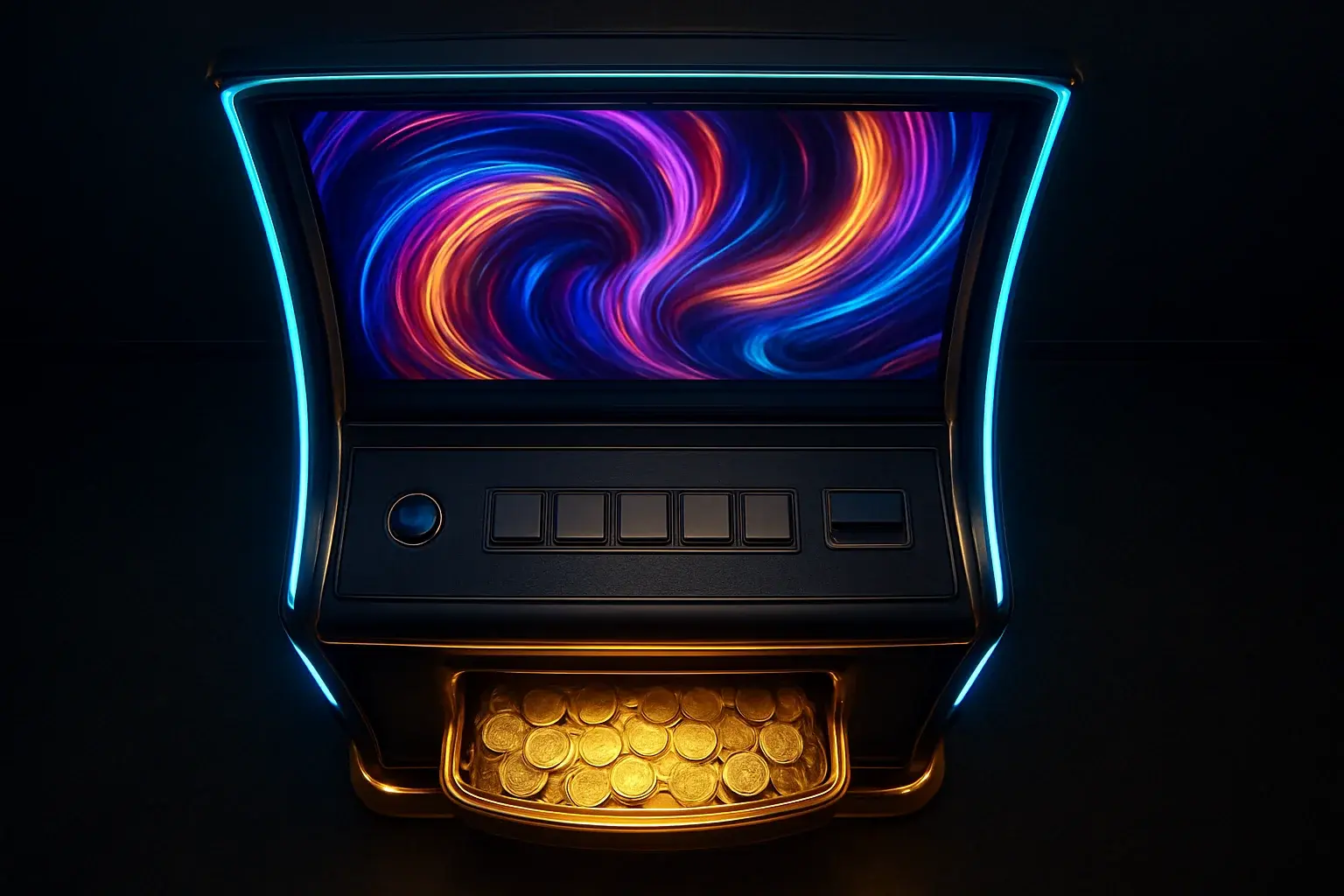 Hyperrealistic premium slot machine with glowing screen in dark luxury setting